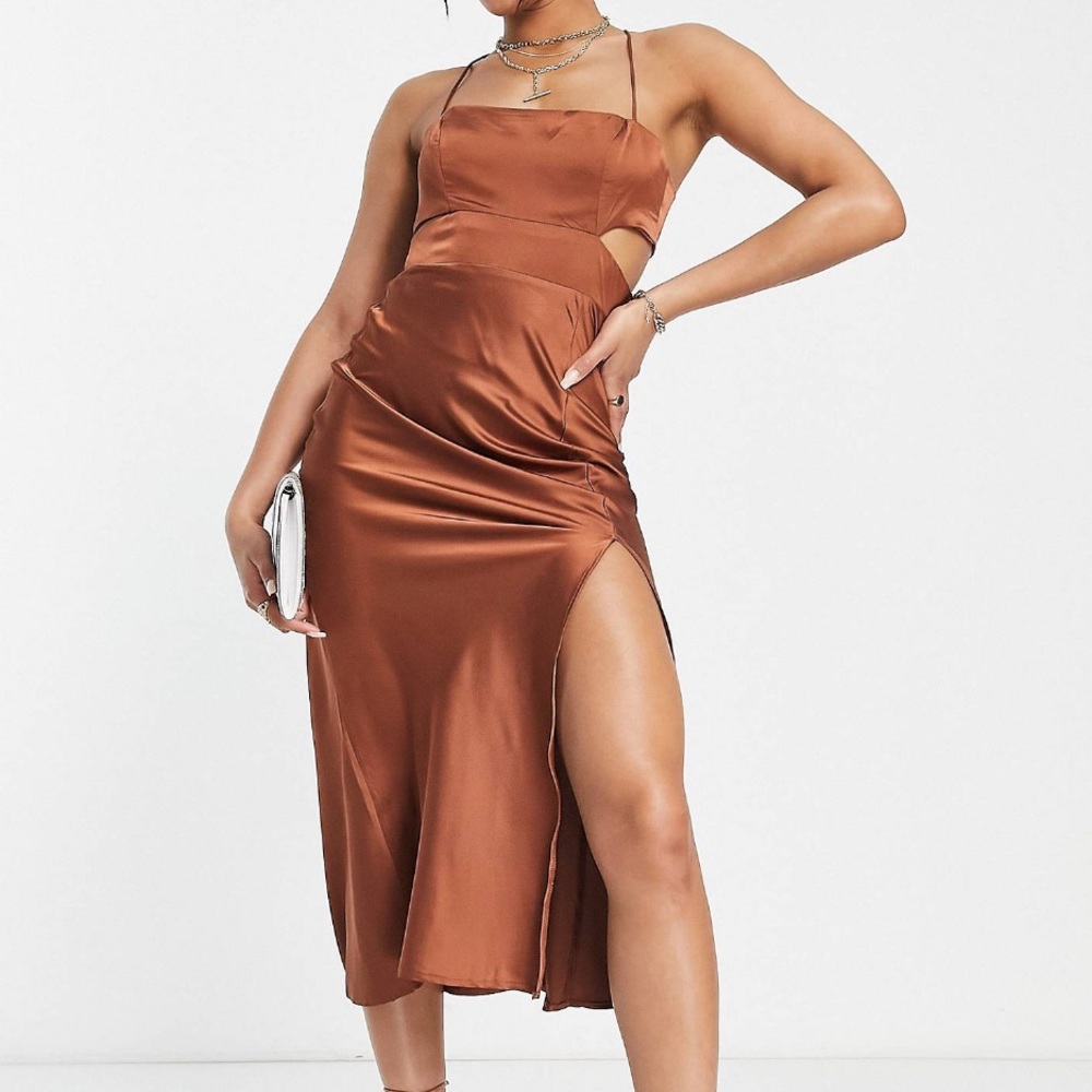 Parallel Lines square neck satin tie back midi dress in brown (Size 8)